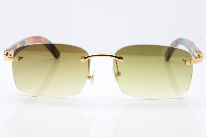 Cartier Rimless 8200759 Original Peacock Wood Sunglasses in Gold Brown Lens