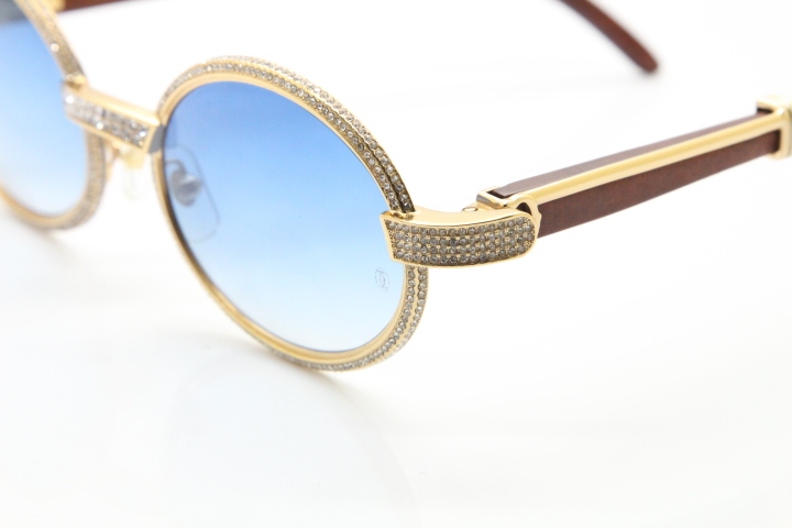 Cartier Vintage 7550178 Wood Smaller Big Stones Sunglasses In Gold Blue Lens（Limited edition）