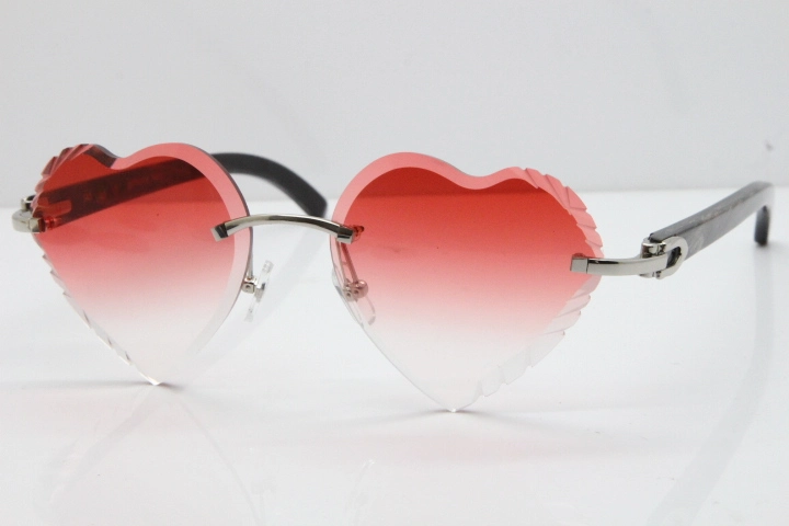 Cartier Rimless 3524012 Heart Original Black Flower Buffalo Horn Sunglasses in Gold Red Lens