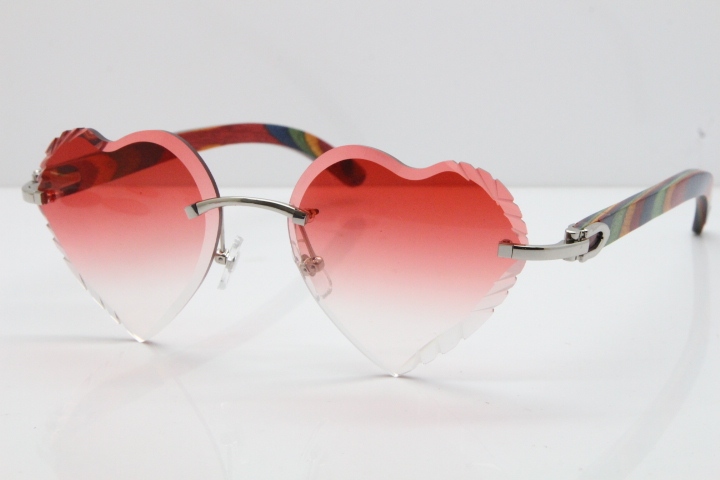 Cartier Rimless 3524012 Heart Original Peacock Wood Sunglasses In Gold Red Lens