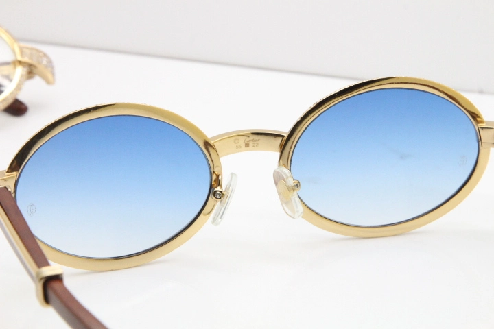 Cartier Vintage 7550178 Wood Smaller Big Stones Sunglasses In Gold Blue Lens（Limited edition）