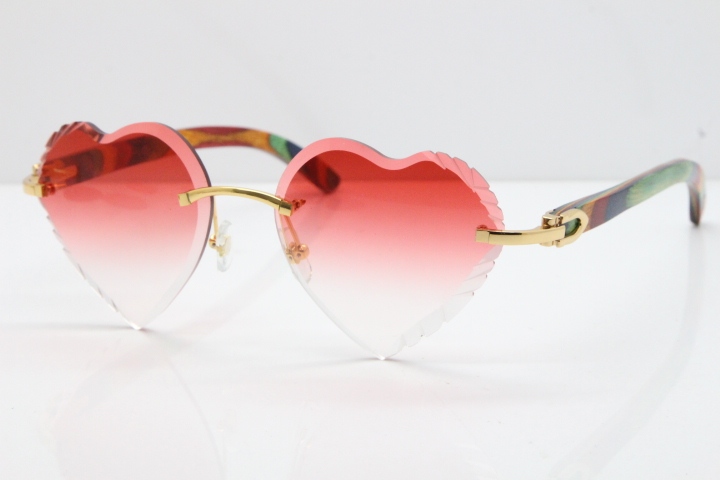 Cartier Rimless 3524012 Heart Original Peacock Wood Sunglasses In Gold Red Lens