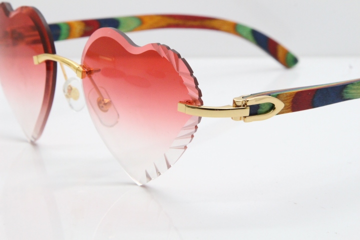 Cartier Rimless 3524012 Heart Original Peacock Wood Sunglasses In Gold Red Lens