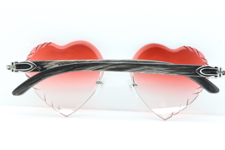 Cartier Rimless 3524012 Heart Original Black Flower Buffalo Horn Sunglasses in Gold Red Lens