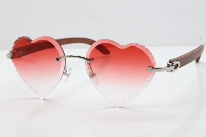 Cartier Rimless 3524012 Heart Original Pear Wood Sunglasses In Gold Red Lens