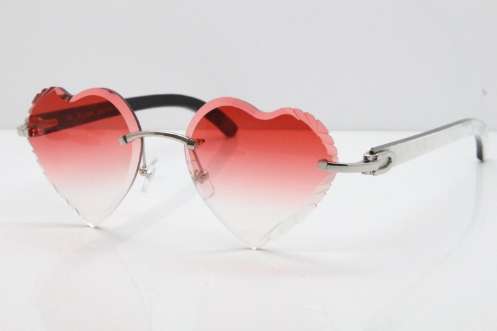 Cartier Rimless 3524012 Heart White Inside Black Buffalo Horn Sunglasses in Gold Red Lens