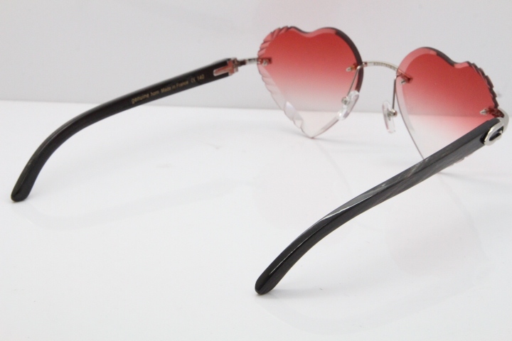 Cartier Rimless 3524012 Heart Original Black Flower Buffalo Horn Sunglasses in Gold Red Lens