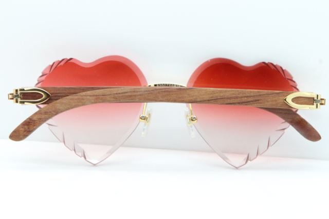 Cartier Rimless 3524012 Heart Original Pear Wood Sunglasses In Gold Red Lens