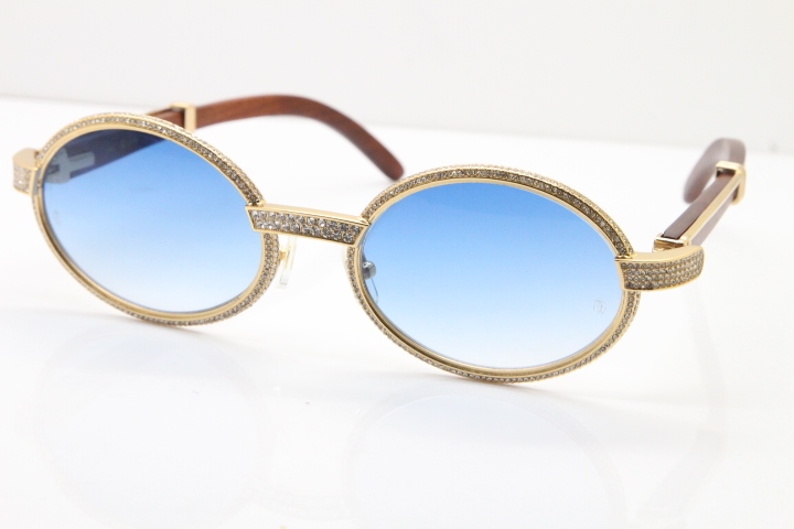 Cartier Vintage 7550178 Wood Smaller Big Stones Sunglasses In Gold Blue Lens（Limited edition）