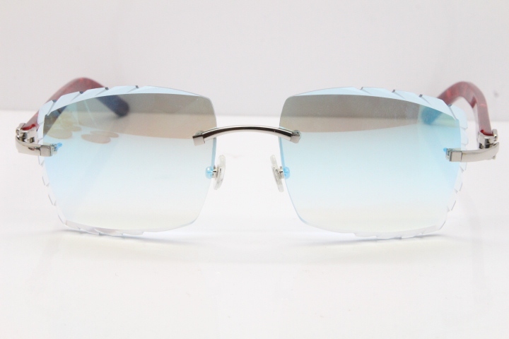 Cartier Rimless 8300816  Marble Red Aztec Sunglasses In Gold Blue Mirror Lens