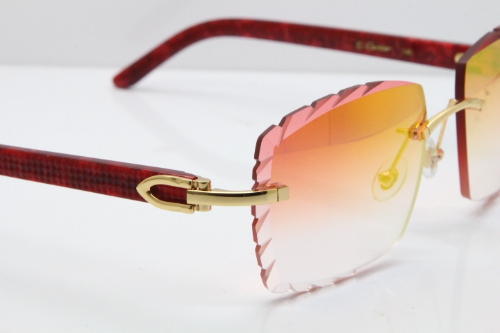 Cartier Rimless 8300816  Marble Red Aztec Sunglasses In Gold Red Mirror Lens