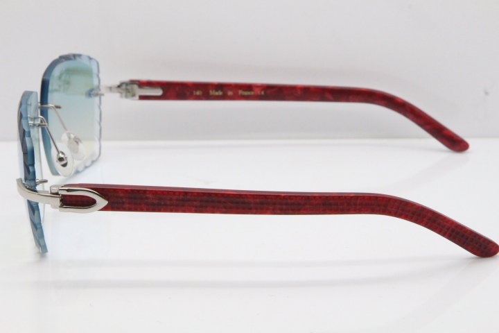 Cartier Rimless 8300816  Marble Red Aztec Sunglasses In Gold Blue Mirror Lens