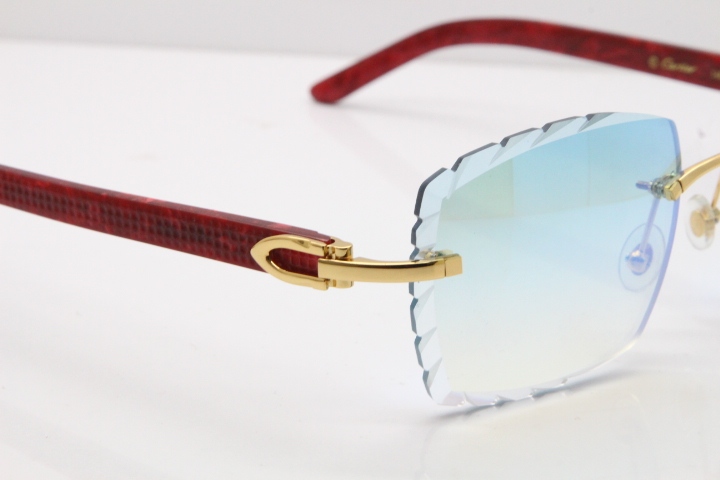 Cartier Rimless 8300816  Marble Red Aztec Sunglasses In Gold Blue Mirror Lens