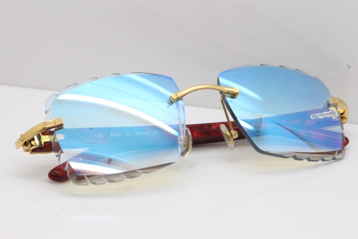 Cartier Rimless 8300816  Marble Red Aztec Sunglasses In Gold Blue Mirror Lens