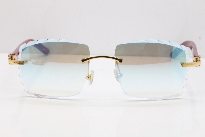 Cartier Rimless 8300816  Marble Red Aztec Sunglasses In Gold Blue Mirror Lens