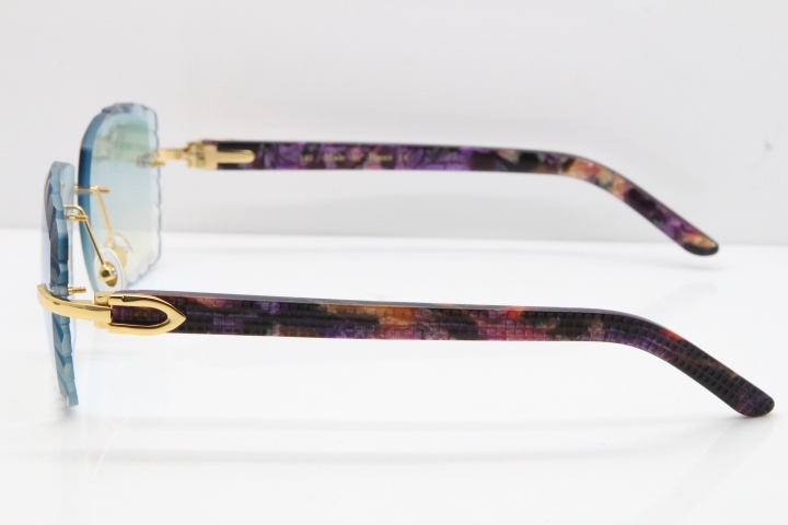 Cartier Rimless 8300816 Marble Purple Aztec Sunglasses In Gold Blue Mirror Lens