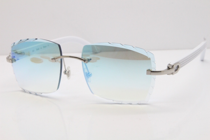 Cartier Rimless 8300816 White Aztec Sunglasses In Gold Blue Mirror Lens