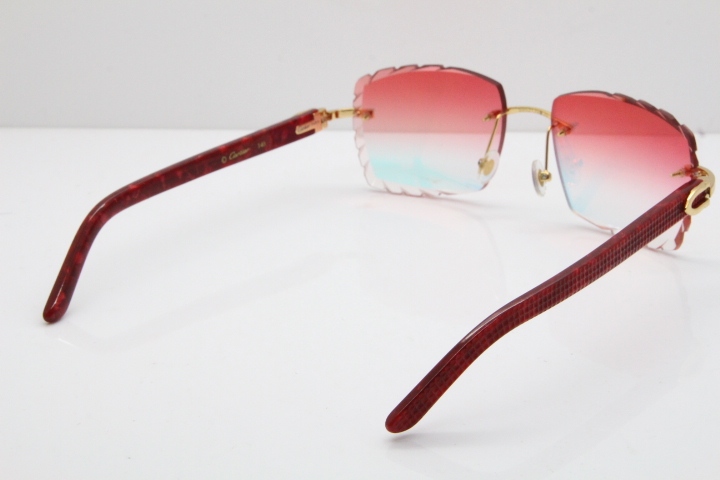 Cartier Rimless 8300816  Marble Red Aztec Sunglasses In Gold Red Mirror Lens