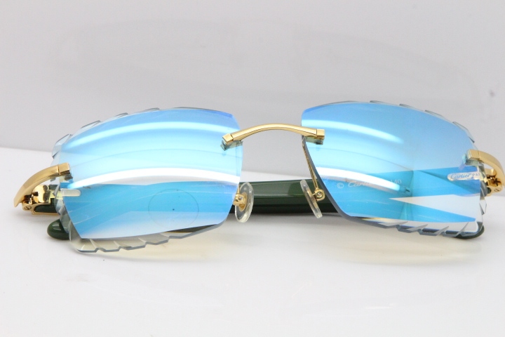 Cartier Rimless 8300816 Green Aztec Sunglasses In Gold Blue Mirror Lens