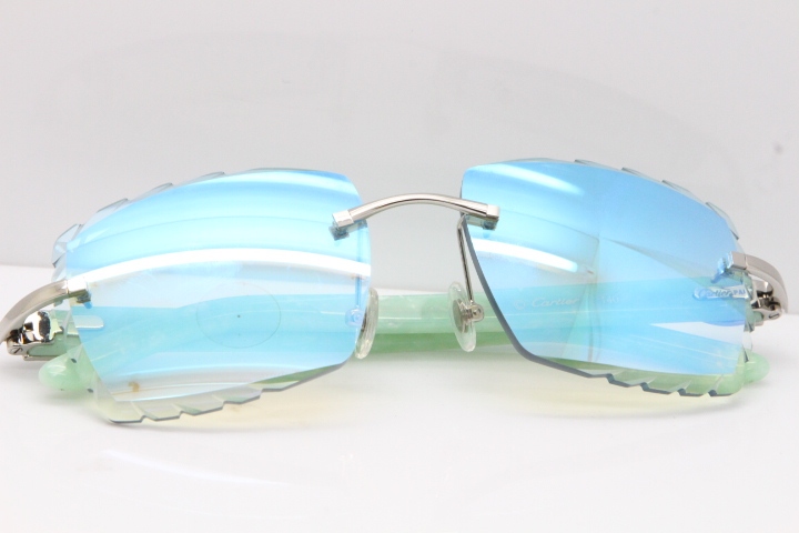 Cartier Rimless 8300816 Marble Green Aztec Sunglasses In Gold Blue Mirror Lens