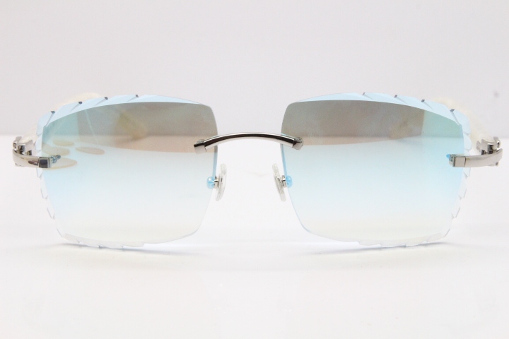 Cartier Rimless 8300816 Marble White Aztec Sunglasses In Gold Blue Mirror Lens