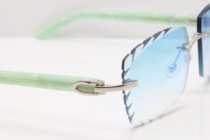 Cartier Rimless 8300816 Marble Green Aztec Sunglasses In Gold Blue Mirror Lens