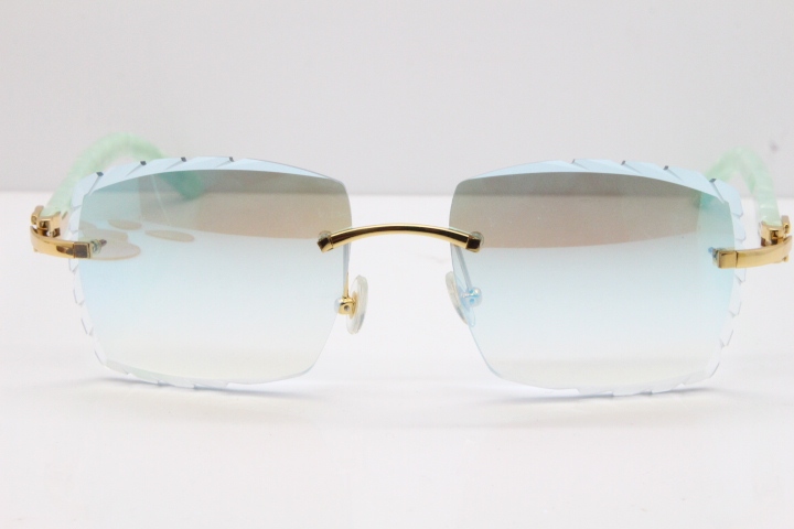 Cartier Rimless 8300816 Marble Green Aztec Sunglasses In Gold Blue Mirror Lens