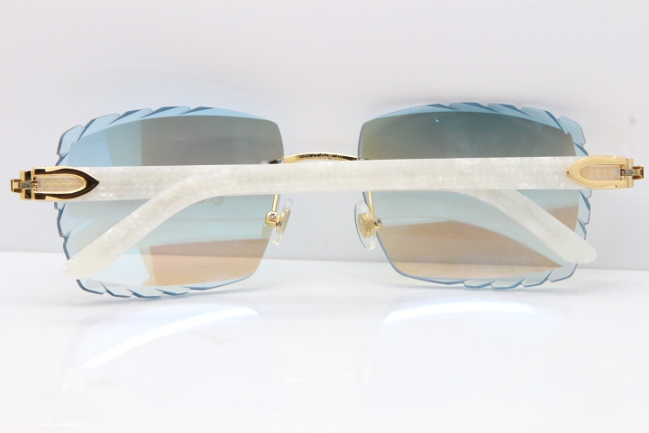 Cartier Rimless 8300816 Marble White Aztec Sunglasses In Gold Blue Mirror Lens