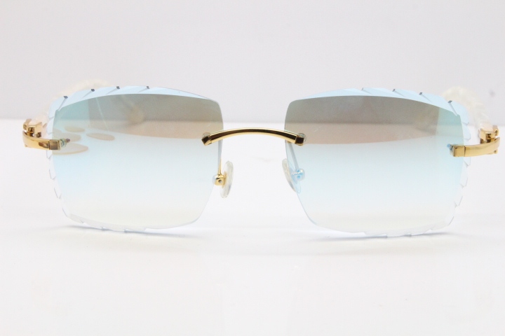 Cartier Rimless 8300816 Marble White Aztec Sunglasses In Gold Blue Mirror Lens