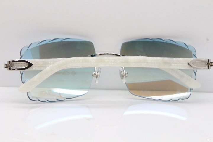 Cartier Rimless 8300816 Marble White Aztec Sunglasses In Gold Blue Mirror Lens