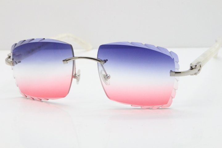 Cartier Rimless 8300816 Marble White Aztec Sunglasses In Gold Blue Mix White Pink Lens