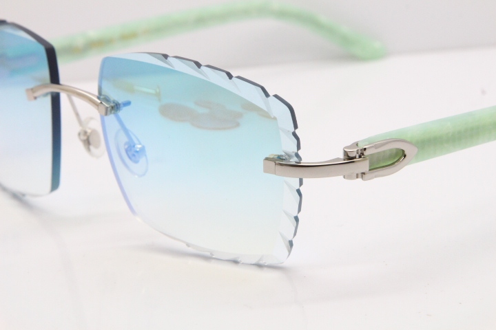 Cartier Rimless 8300816 Marble Green Aztec Sunglasses In Gold Blue Mirror Lens