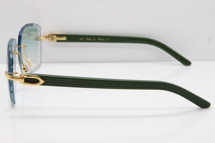 Cartier Rimless 8300816 Green Aztec Sunglasses In Gold Blue Mirror Lens