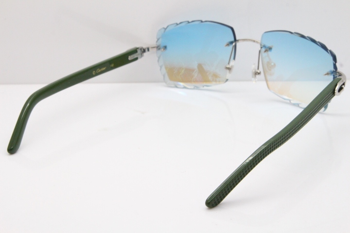 Cartier Rimless 8300816 Green Aztec Sunglasses In Gold Blue Mirror Lens