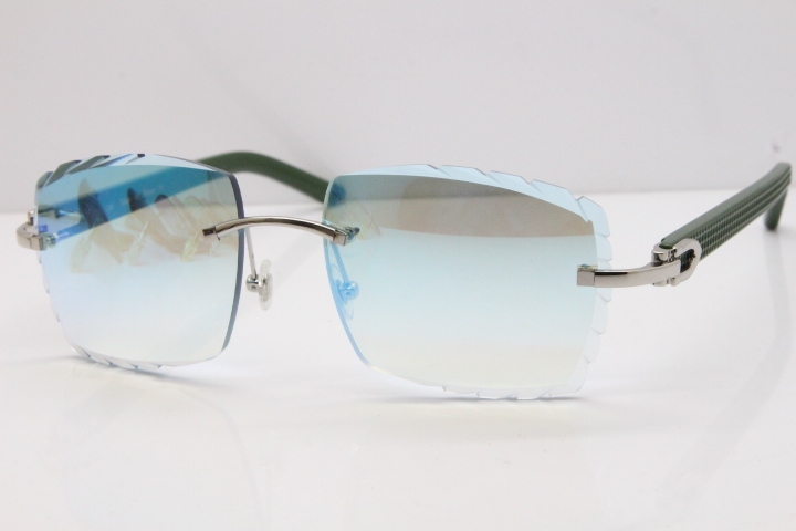 Cartier Rimless 8300816 Green Aztec Sunglasses In Gold Blue Mirror Lens