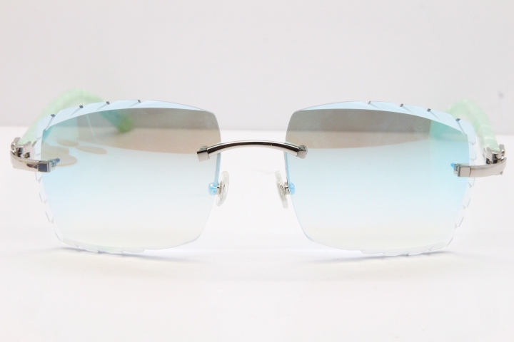 Cartier Rimless 8300816 Marble Green Aztec Sunglasses In Gold Blue Mirror Lens