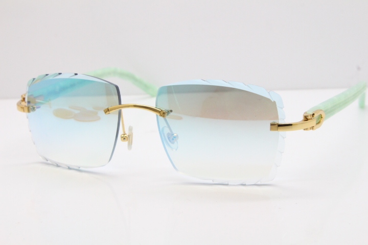 Cartier Rimless 8300816 Marble Green Aztec Sunglasses In Gold Blue Mirror Lens