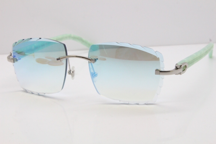 Cartier Rimless 8300816 Marble Green Aztec Sunglasses In Gold Blue Mirror Lens