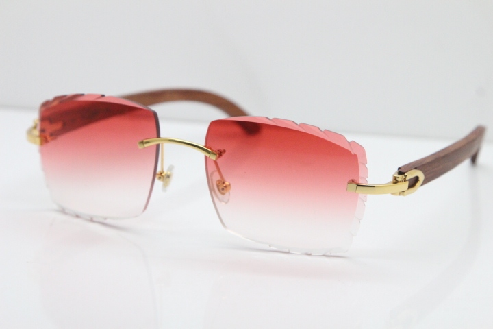 Cartier Rimless 8300816 Pear Wood Sunglasses In Gold Red Lens