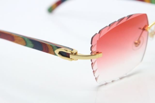 Cartier Rimless 8300816 Peacock Wood Sunglasses In Gold Red Lens