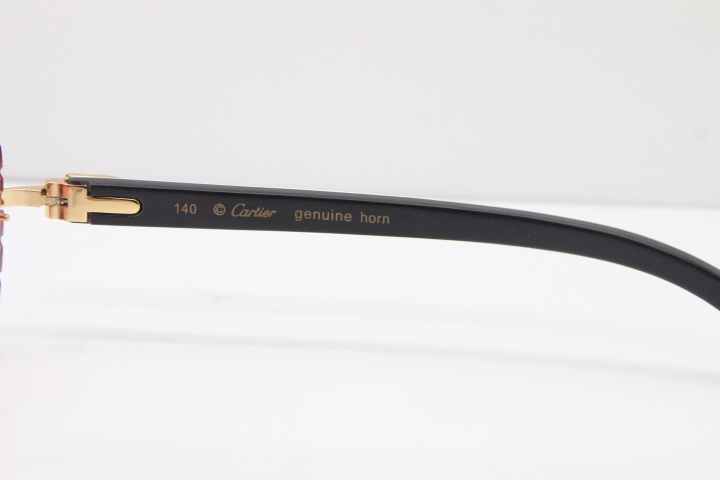 Cartier Rimless 8300816 White Inside Black Buffalo Horn Sunglasses In Gold Red Lens