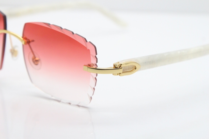 Cartier Rimless 8300816 Marble White Aztec Sunglasses In Gold Red Lens