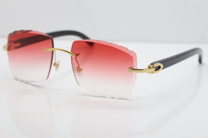 Cartier Rimless 8300816 Black Buffalo Horn Aztec Sunglasses In Gold Red Lens