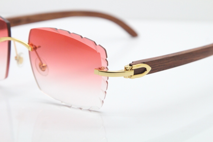 Cartier Rimless 8300816 Pear Wood Sunglasses In Gold Red Lens