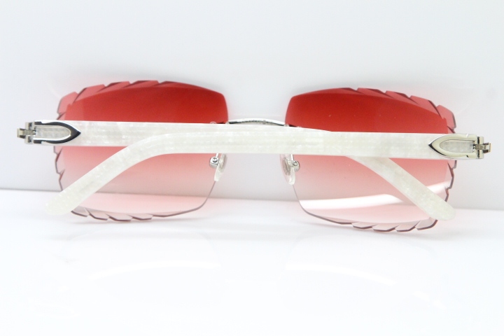 Cartier Rimless 8300816 Marble White Aztec Sunglasses In Silver Red Lens