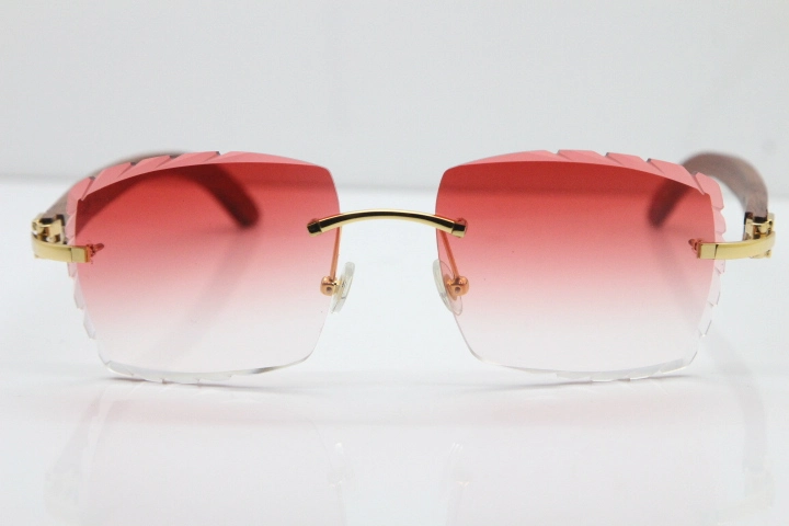 Cartier Rimless 8300816 Pear Wood Sunglasses In Gold Red Lens