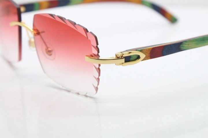 Cartier Rimless 8300816 Peacock Wood Sunglasses In Gold Red Lens