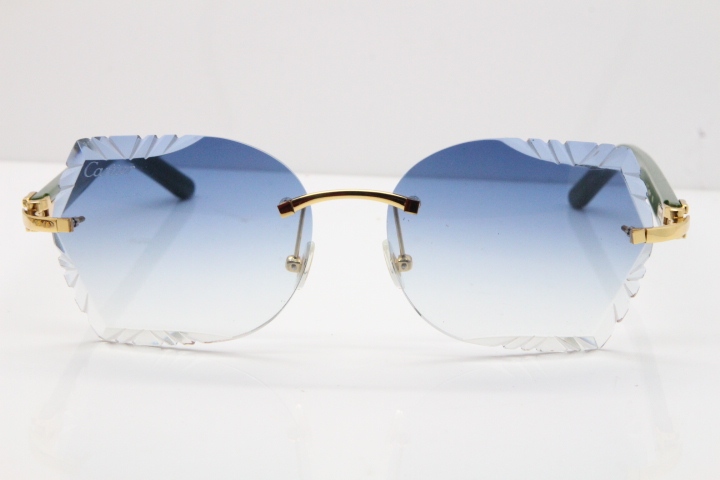 Cartier Rimless T8200762 Green Aztec Arms Sunglasses In Gold Blue Lens 