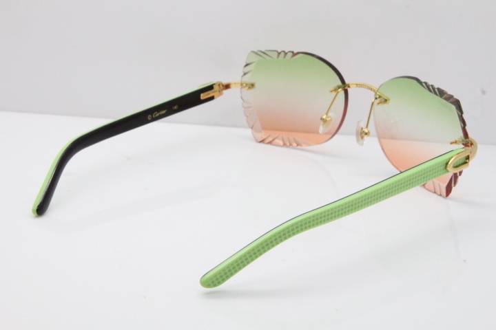 Cartier Rimless T8200762 Black Green Aztec Arms Sunglasses In Gold Green Brown Lens 