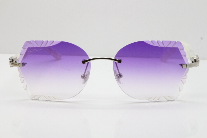 Cartier Rimless T8200762 Marble White Aztec Arms Sunglasses In Gold Purple Lens